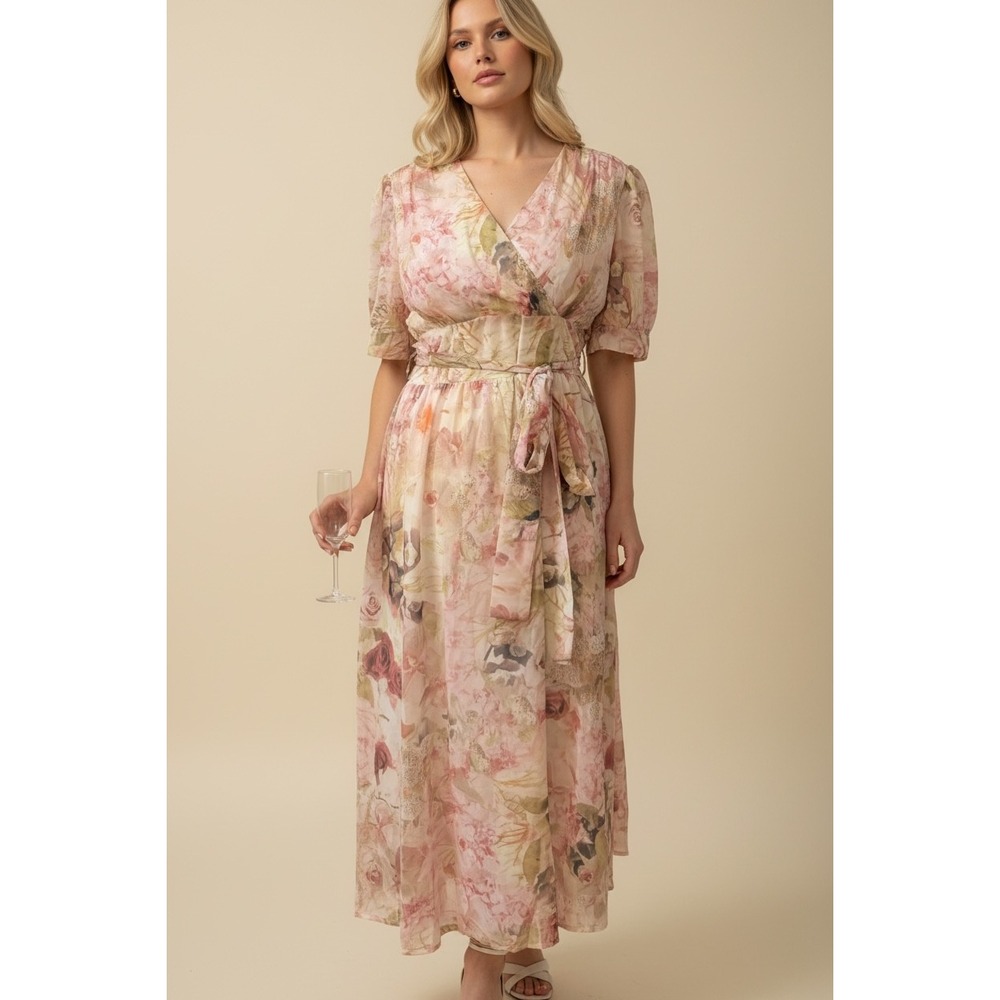 Dazy Floral Wrap Maxi Dress Size Small Pink Cottagecore Puff Sleeve V-Neck